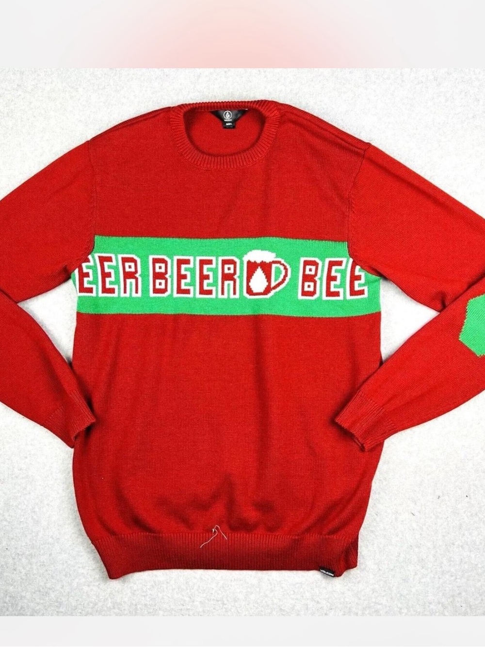 VOLCOM “Beer” Holiday Sweater Ugly Christmas Stripe Sweater Red/ Burgundy Green